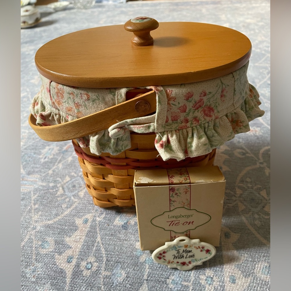 Longaberger Basket with Floral Liner and Wooden Lid